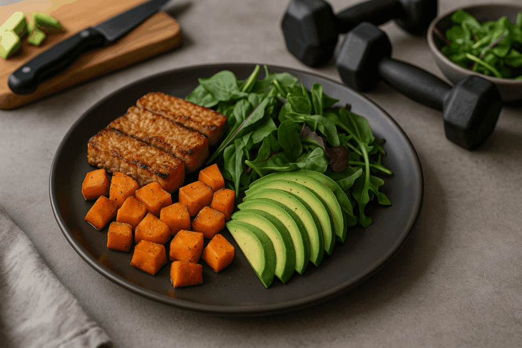 High-protein plant-based dish with tempeh, sweet potatoes, and greens designed for bodybuilding simple meals