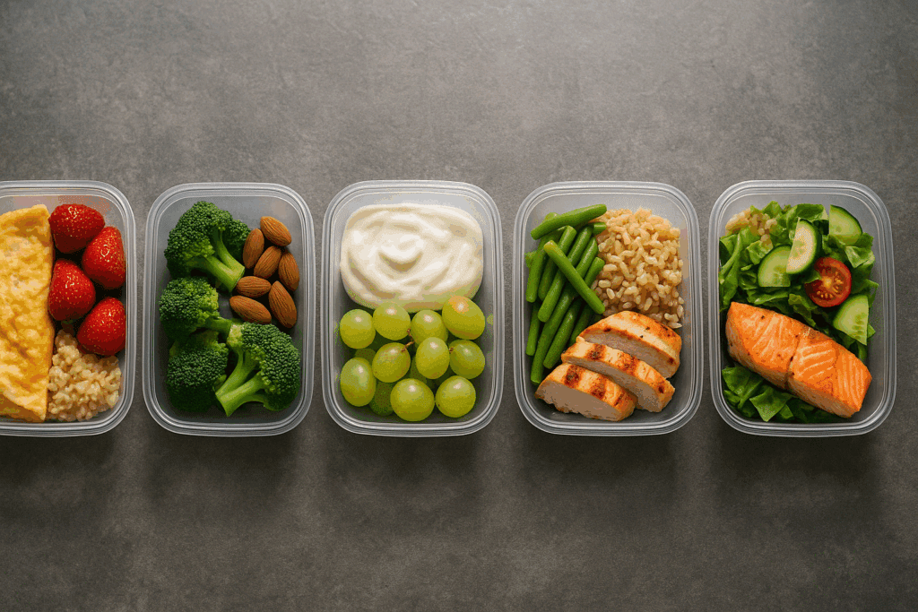Day of small, portioned meals demonstrating what to eat to build muscle and burn fat through strategic timing