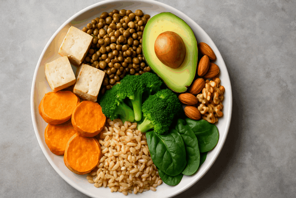 Visual guide showing lean muscle, metabolism, and whole foods for a balanced male nutrition plan