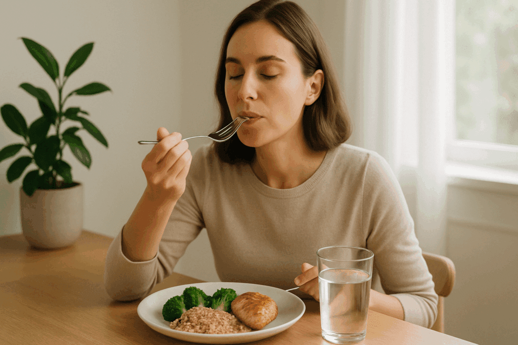 Person mindfully eating a meal from a fitness meal prep service in a calm, well-lit setting