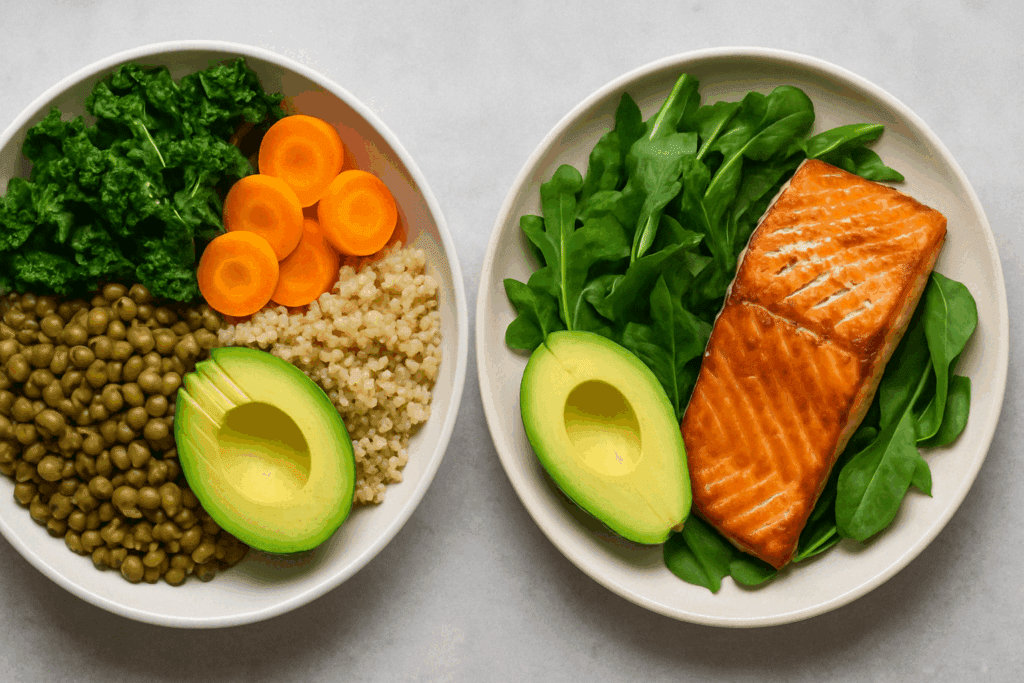 Side-by-side comparison of keto and plant-based meals used in easy weekly meal plans for diverse dietary needs.