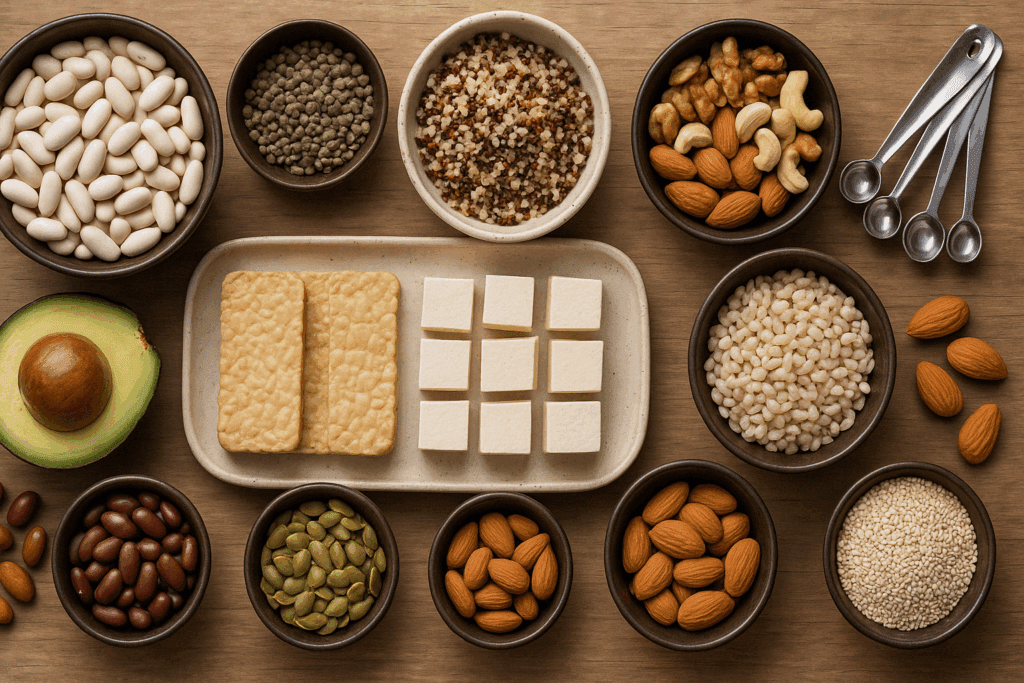Whole Food Plant Based Recipes for Diabetics: Expert-Backed Meals That Help Support Healthy Blood Sugar 2 Top-down view of fiber-rich whole food plant-based recipes for diabetics featuring oats, beans, nuts, and fresh vegetables