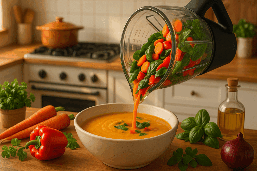 Colorful kitchen scene with fresh vegetables and a high-speed blender making creamy blender soups for vegans, surrounded by herbs and whole ingredients.