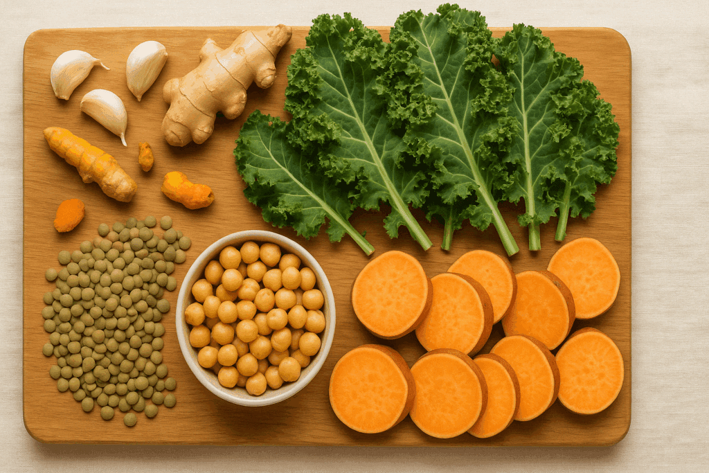 Nutrient-Packed Vegan Kale Soup Recipes to Support Immune Health and Plant-Based Living 2 Fresh kale leaves with droplets next to vitamin-rich ingredients like carrots and citrus, highlighting benefits of vegan kale soup recipes.