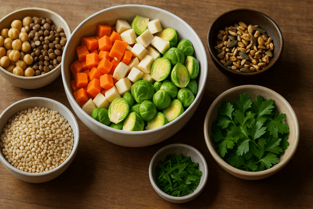 Festive Vegan Soup Ideas for a Cozy Christmas: Nourishing Recipes to Warm Your Holiday Table 2 Festive vegan soup ingredients including root vegetables, legumes, and herbs arranged for meal prep in a cozy kitchen setting