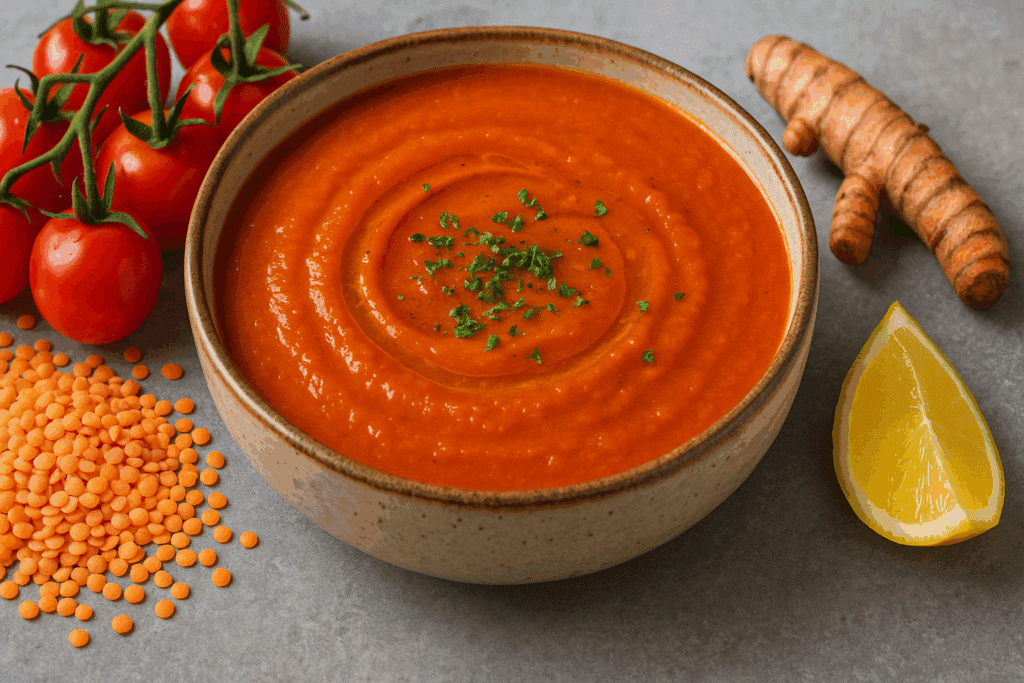 10 Nourishing Vegan and Gluten Free Soup Recipes Backed by Nutrition Science 2 Bright red lentil and tomato soup topped with herbs and lemon, highlighting anti-inflammatory vegan and gluten free soup recipes.