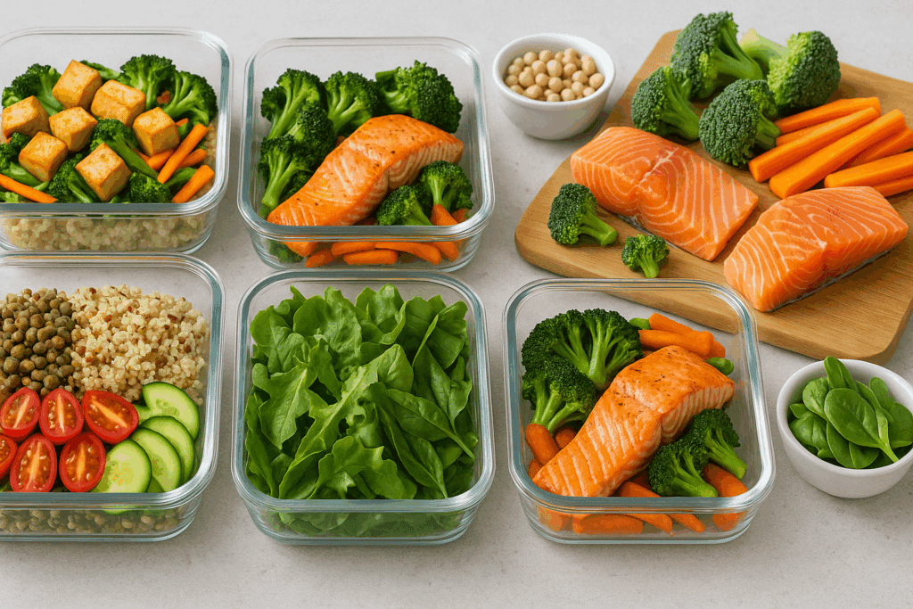 Weekly high protein diet meal plan with organized meals of salmon, lentils, quinoa, and fresh vegetables
