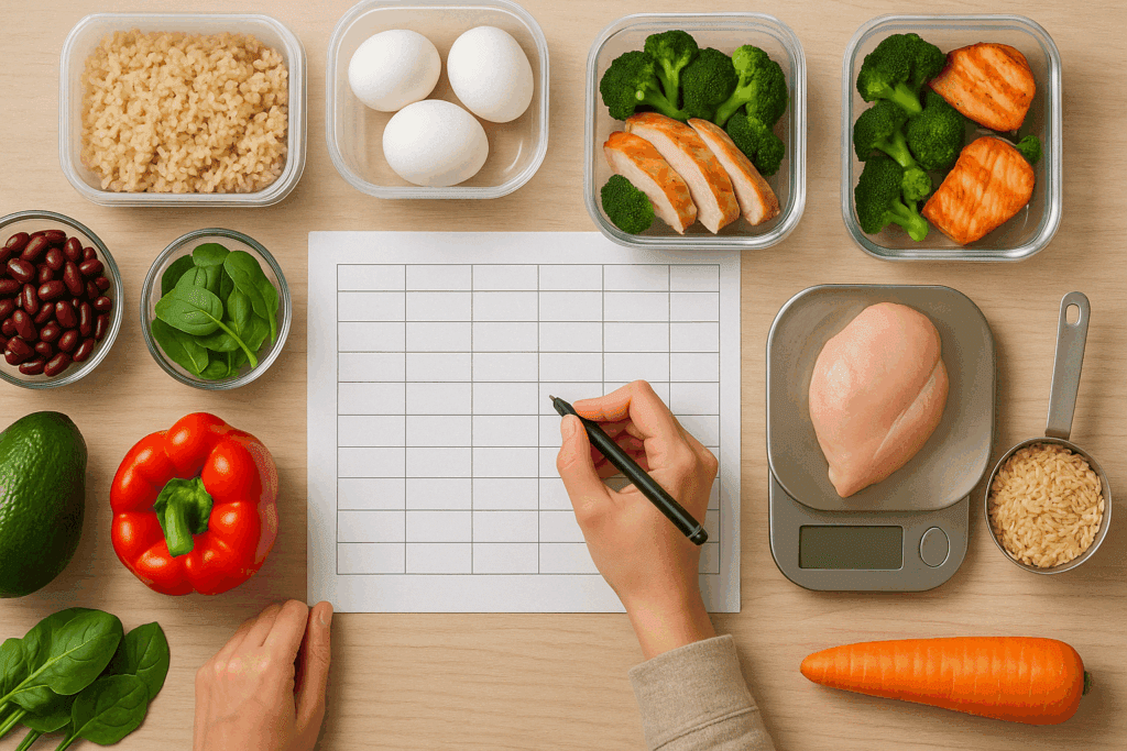 Meal planning setup with ingredients and tools used for high protein low calorie meal prep at home