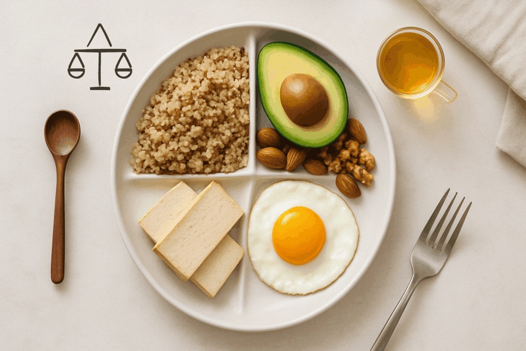 Balanced plate featuring protein, healthy fats, and complex carbs as part of healthy breakfast meal prep ideas for sustained energy