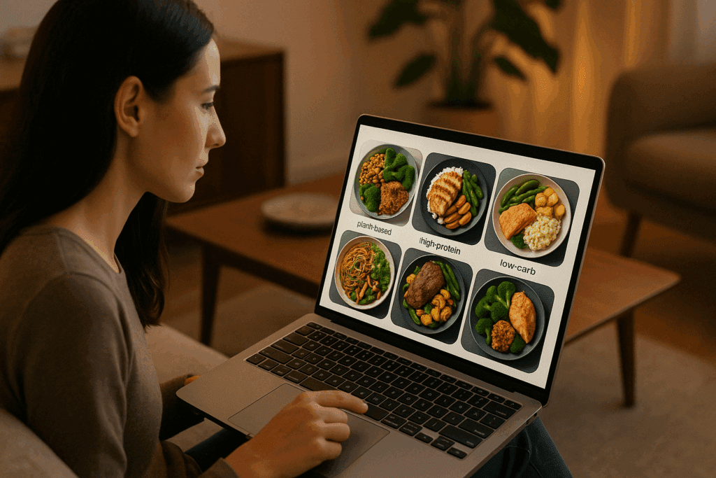 Person selecting freshly meal delivery servicea menu options on a tablet with colorful, health-conscious meals on screen