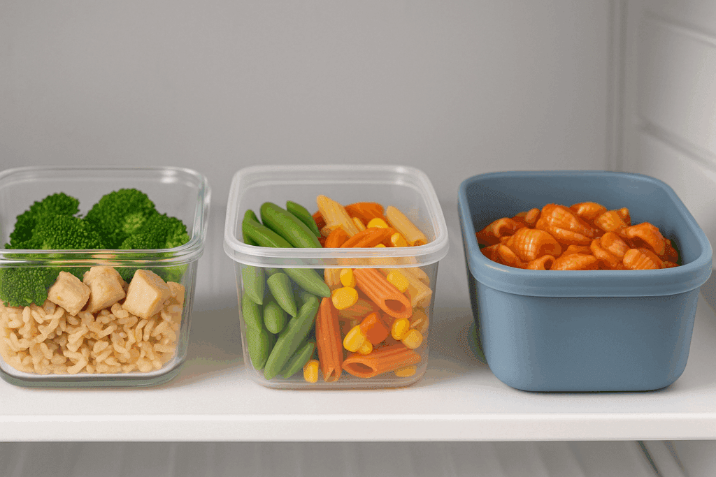 Side-by-side view of the best freezer safe meal prep containers made of glass, BPA-free plastic, and silicone filled with food