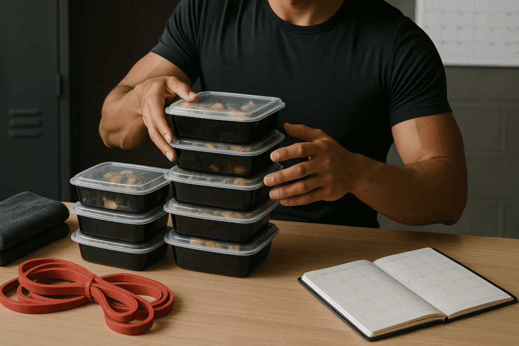 Balanced meal prep bowls with legumes, leafy greens, and whole grains representing the best meal prep for muscle gain goals.