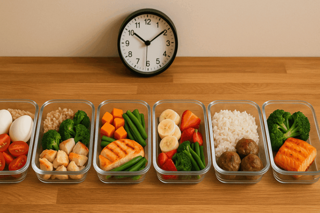 Meal prep containers with high-protein foods and complex carbs illustrating what do body builders eat to stay lean and energized.