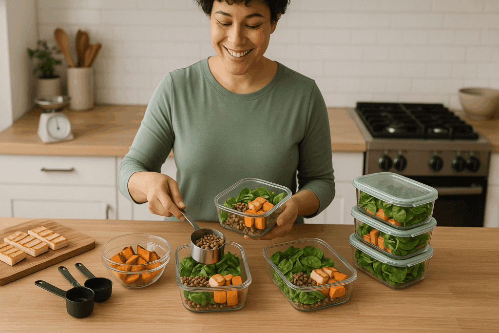 Meal prep containers filled with tofu, quinoa, and roasted vegetables for smart meal prep to lose belly fat.