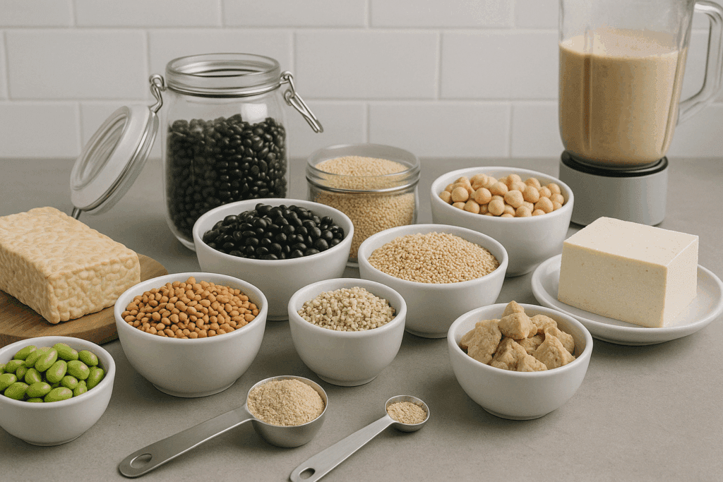 High-protein vegan meal prep for weight loss displayed on a wooden counter with chickpeas, kale salad, and brown rice bowls.