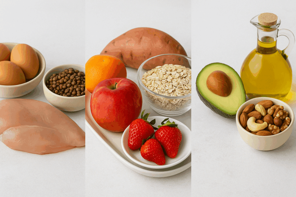 Three-part meal prep layout with proteins, complex carbs, and healthy fats displayed for a balanced quick weight loss meal plan.
