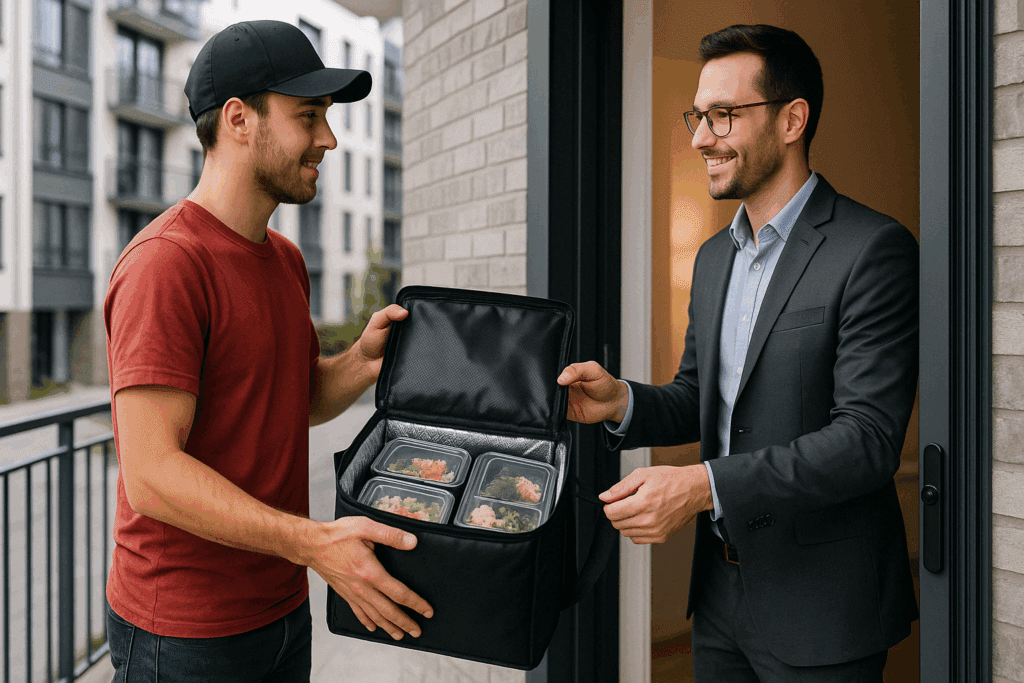 Fresh Prepared Meals Near Me: How to Find Healthy, Ready-to-Eat Options That Fit Your Lifestyle 2 Person unpacking fresh prepared meals near me onto a modern kitchen counter, featuring nutritious ready-to-eat food in clear containers