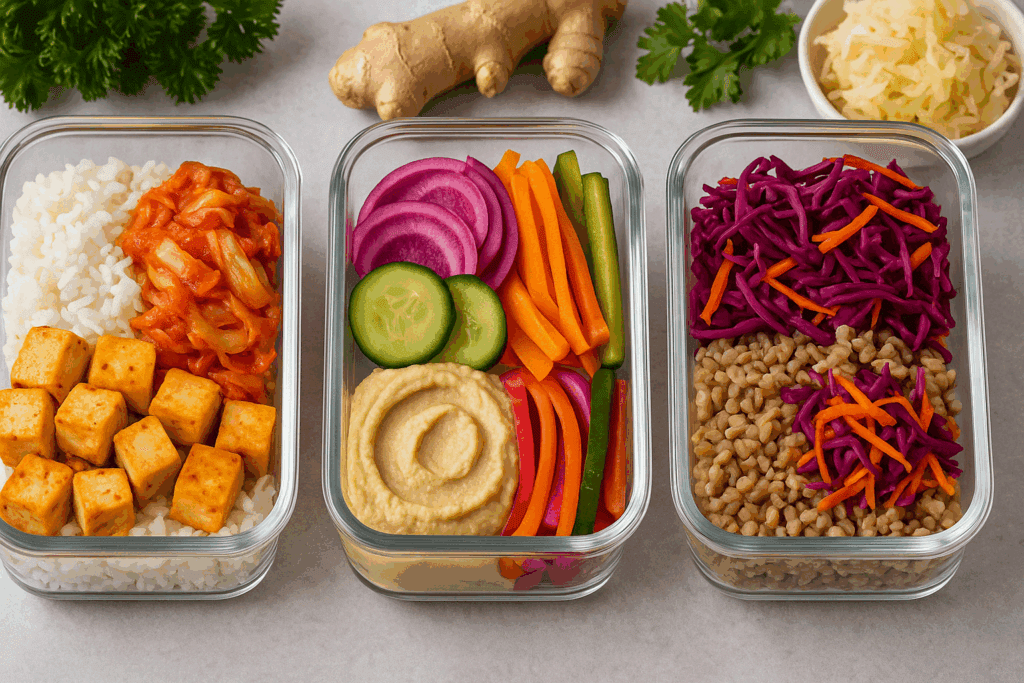 Meal prep scene showing ingredients for healthy make ahead lunches for work, including quinoa, sweet potatoes, and chickpeas.