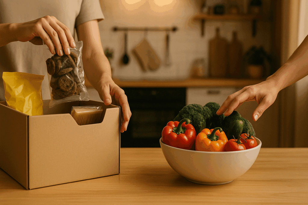 Person removing packaged snacks and reaching for fresh vegetables in a kitchen as part of the 30-Day Diet Challenge