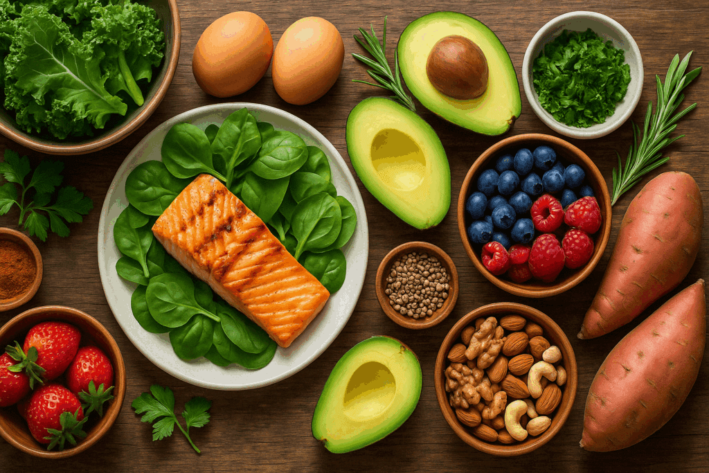 Whole30-approved foods like grilled salmon, avocado, eggs, berries, and leafy greens arranged for a 30-Day Diet Challenge
