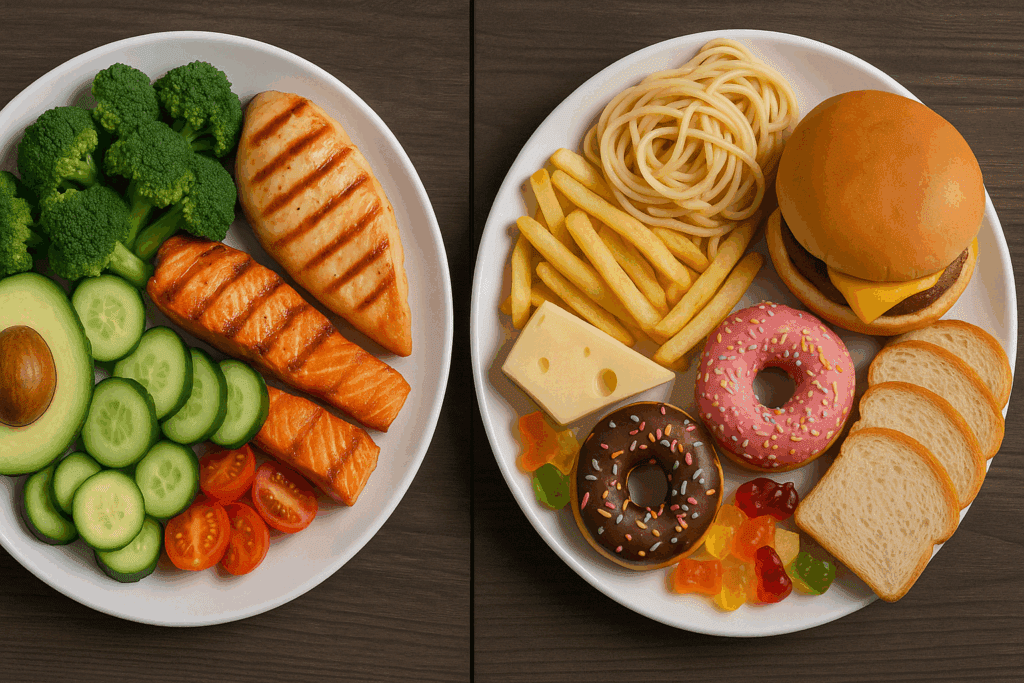 Split-screen plate comparison illustrating clean Whole30 foods vs. processed foods restricted in a 30-Day Diet Challenge