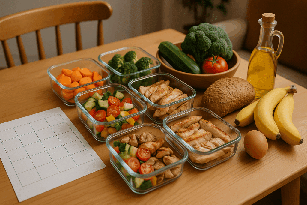 Meal prep setup for a 30-Day Diet Challenge with organized glass containers of vegetables and proteins on a cozy kitchen table.