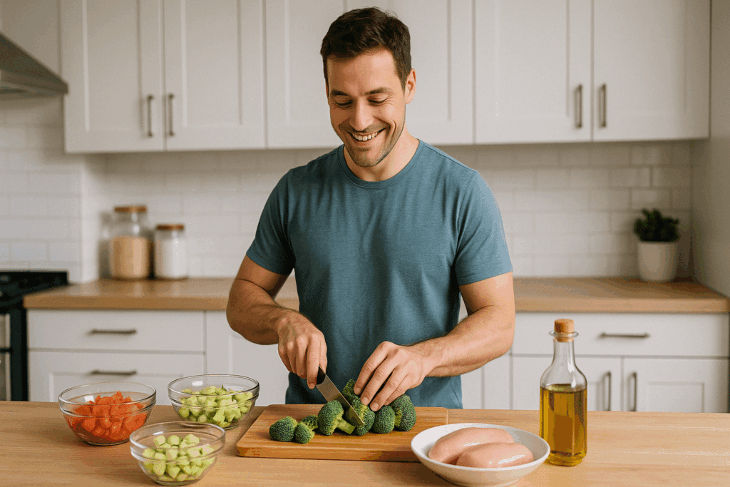 Man preparing a healthy meal with fresh vegetables and chicken during his 30-Day Diet Challenge in a modern kitchen.