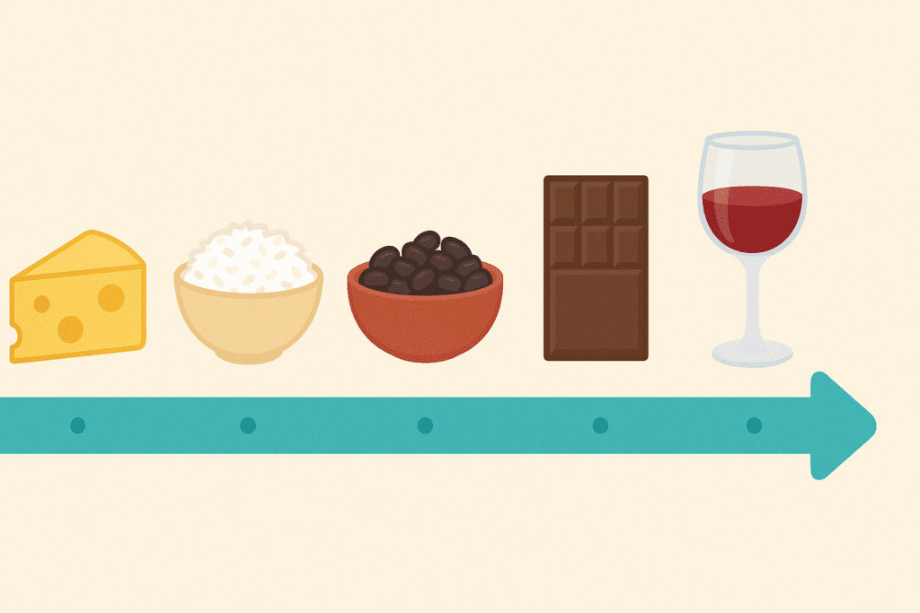 Step-by-step visual timeline of food reintroduction after the 30-Day Diet Challenge, featuring cheese, rice, beans, chocolate, and wine.
