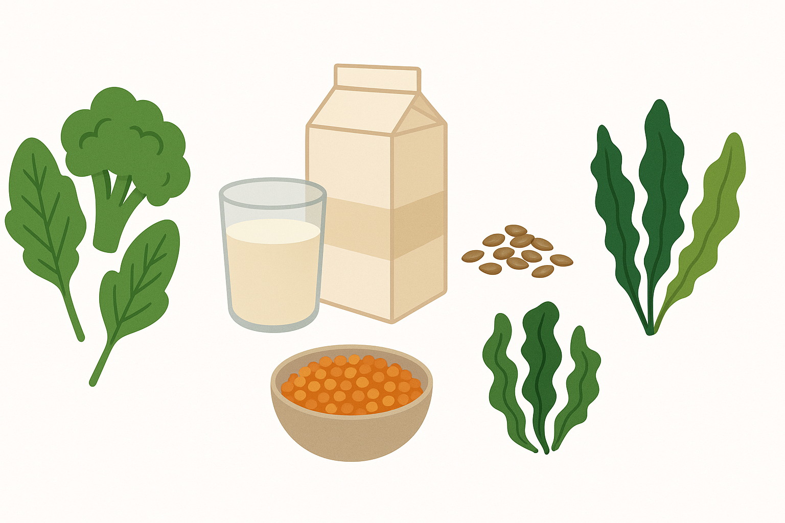 The Ultimate 30 Day Plant Based Meal Plan for Transformative Health and Vital Nutrition 4 Illustration of nutrient-rich foods including leafy greens, fortified plant milk, flaxseeds, lentils, and seaweed to support a 30 Day Plant Based Meal Plan