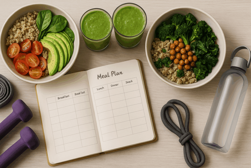 The Ultimate 30 Day Plant Based Meal Plan for Transformative Health and Vital Nutrition 7 Personalized journal for a 30 Day Plant Based Meal Plan surrounded by quinoa bowls, green smoothies, fitness gear, and a water bottle.