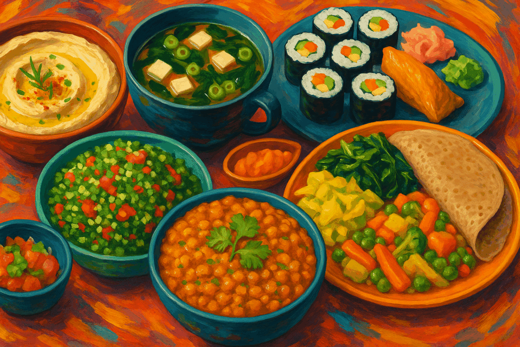The Ultimate 30 Day Plant Based Meal Plan for Transformative Health and Vital Nutrition 6 Multicultural plant-based dishes including hummus, miso soup, sushi, lentil curry, and Ethiopian injera celebrating a 30 Day Plant Based Meal Plan.