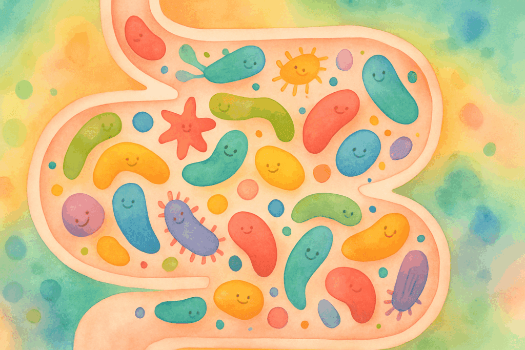 The Ultimate 30 Day Plant Based Meal Plan for Transformative Health and Vital Nutrition 5 Colorful friendly microbes floating inside a healthy digestive tract, symbolizing gut health benefits of a 30 Day Plant Based Meal Plan