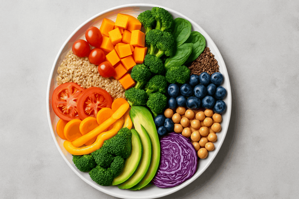 The Ultimate 30 Day Plant Based Meal Plan for Transformative Health and Vital Nutrition 2 Colorful rainbow plate of fruits, vegetables, grains, legumes, and seeds organized by color to inspire a 30 Day Plant Based Meal Plan.