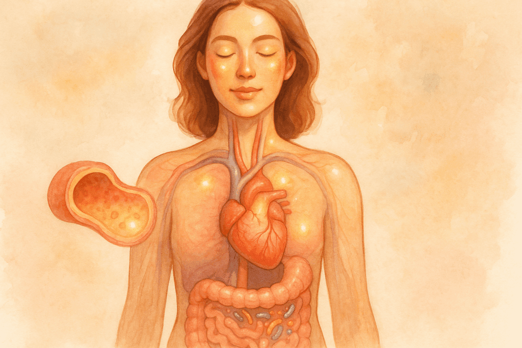 The Ultimate 30 Day Plant Based Meal Plan for Transformative Health and Vital Nutrition 1 Artistic cross-section illustration of a healthy human body showing vibrant heart, clear arteries, glowing skin, and gut microbiome to represent benefits of a 30 Day Plant Based Meal Plan.