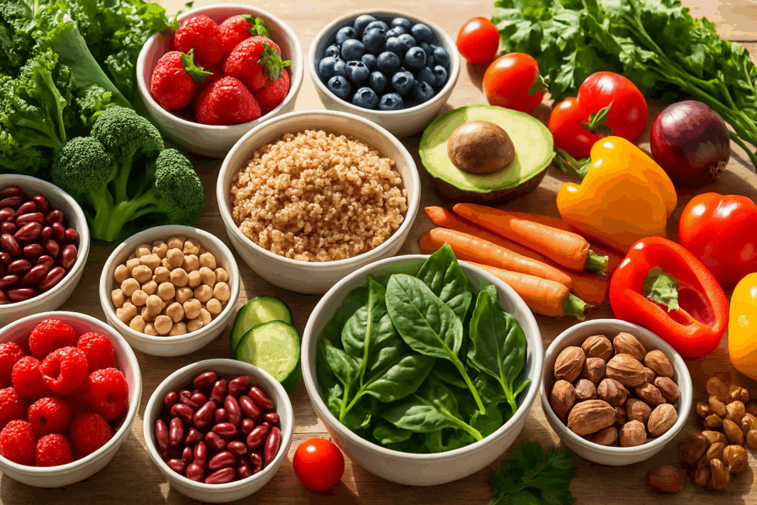 Colorful assortment of fresh vegetables, leafy greens, berries, quinoa, legumes, and nuts arranged on a sunny table for a 30 Day Plant Based Meal Plan