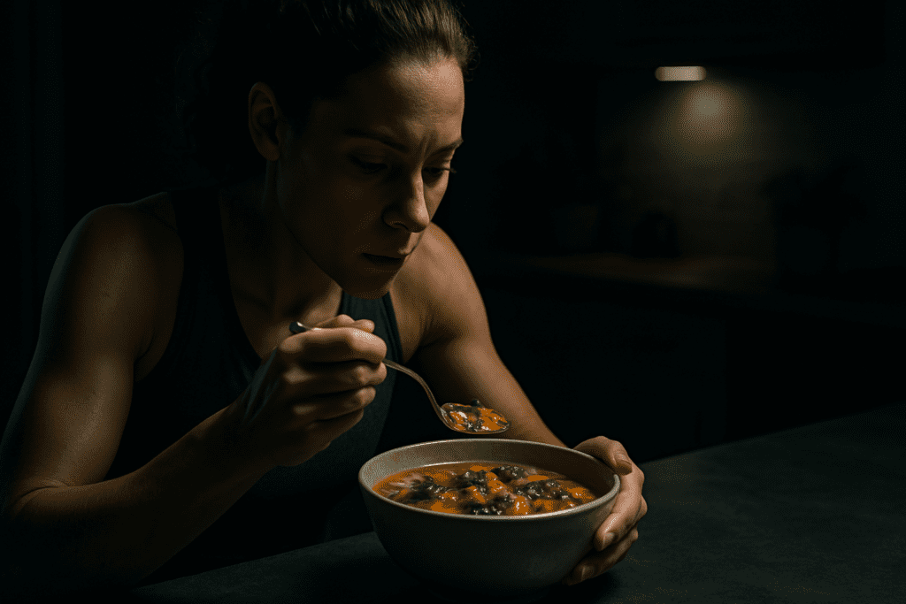 **ALT TEXT (Image 1):**  
A fair-skinned woman in her early thirties sips a vibrant vegetable soup outdoors at a rustic wooden table, bathed in soft natural morning light. Surrounded by a softly blurred garden background, the peaceful scene highlights plant-based health and wellness through a nourishing vegan meal.

---

![Image 2](attachment)

**ALT TEXT (Image 2):**  
A young African-American man in a mustard t-shirt enjoys a steaming bowl of vegan high-protein soup in a warmly lit, cozy kitchen. The ambient lighting highlights ingredients like broccoli and chickpeas, reinforcing the theme of plant-based recovery in a homey, health-conscious setting.

---

![Image 3](attachment)

**ALT TEXT (Image 3):**  
A bowl of vibrant vegan soup featuring lentils, tofu, carrots, and spinach sits on a dark, textured surface, bathed in cool clinical lighting. The high-protein ingredients are sharply defined, highlighting the meal’s nourishing qualities for plant-based health and recovery.

---

![Image 4](attachment)

**ALT TEXT (Image 4):**  
A fit, light-skinned woman in a dimly lit kitchen intently focuses on a spoonful of hearty vegan soup, her expression highlighting strength and mindfulness. Dramatic shadows and cool moody lighting enhance the contrast between her features and the warm, nourishing meal supporting plant-based recovery.