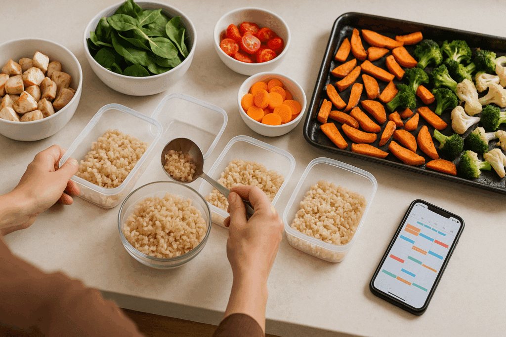 Nutritious bento-style healthy make ahead lunches for work with fresh greens, falafel, and yogurt dressing on a wooden table.
