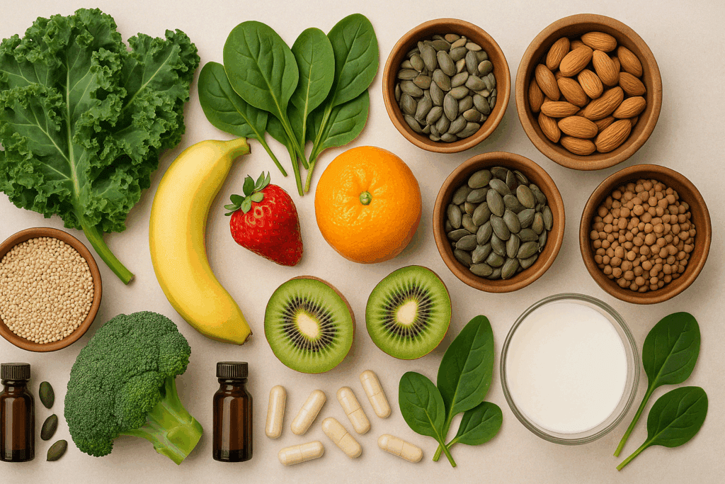 Fueling Strength the Smart Way: A Nutrition Plan for Strength Training That Supports Muscle, Metabolism, and Women’s Wellness 3 Flat lay of leafy greens, berries, and fortified plant-based foods showing micronutrient support in a nutrition plan for strength training.
