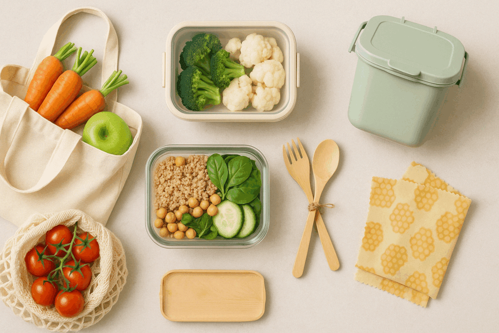 Hands placing freshly cooked food into BPA free meal prep containers, promoting safe storage and healthy eating habits in a sustainable home kitchen.
