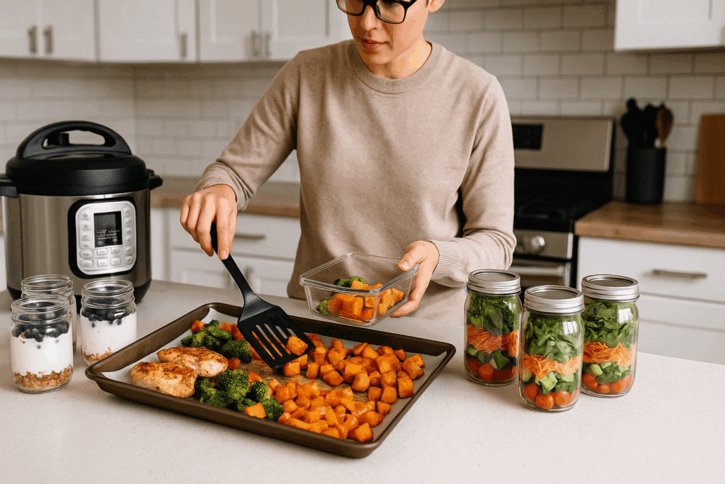 Smart Meal Prep Ideas for Weight Loss: Easy, Nutritious Recipes That Fit Your Busy Lifestyle 3 Salad jars and overnight oats prepared in advance on a kitchen counter as part of smart meal prep ideas for weight loss.