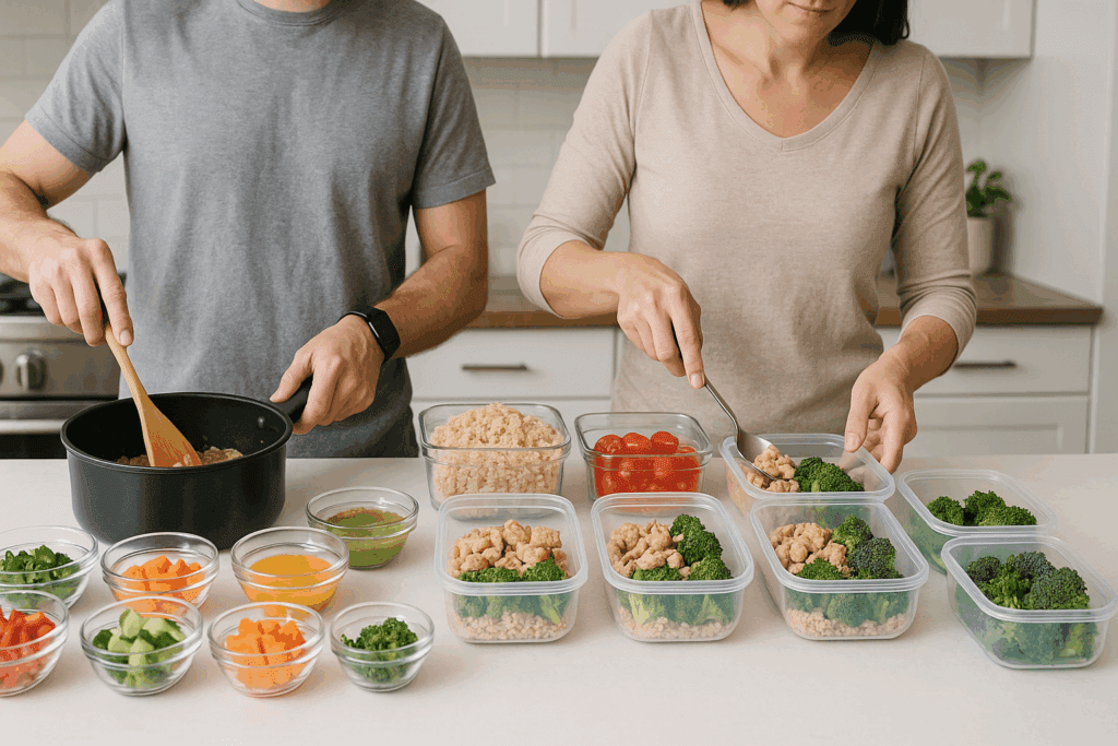 Fresh ingredients like lentils, quinoa, and leafy greens laid out on a cutting board during plant-based meal prep for two people.