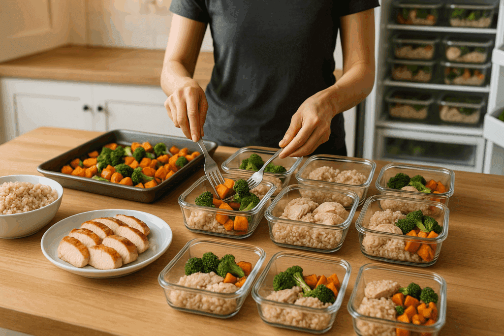 Hands portioning roasted vegetables, lean proteins, and brown rice into meal prep containers during meal prep for men.