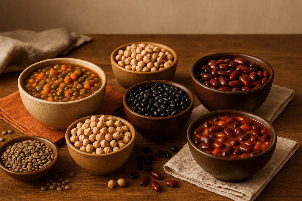 Best Healthy Foods to Eat Every Day for Better Nutrition and Lasting Energy 5 Cooked lentils, chickpeas, and black beans served in bowls, showcasing the best healthy foods to eat every day for plant protein
