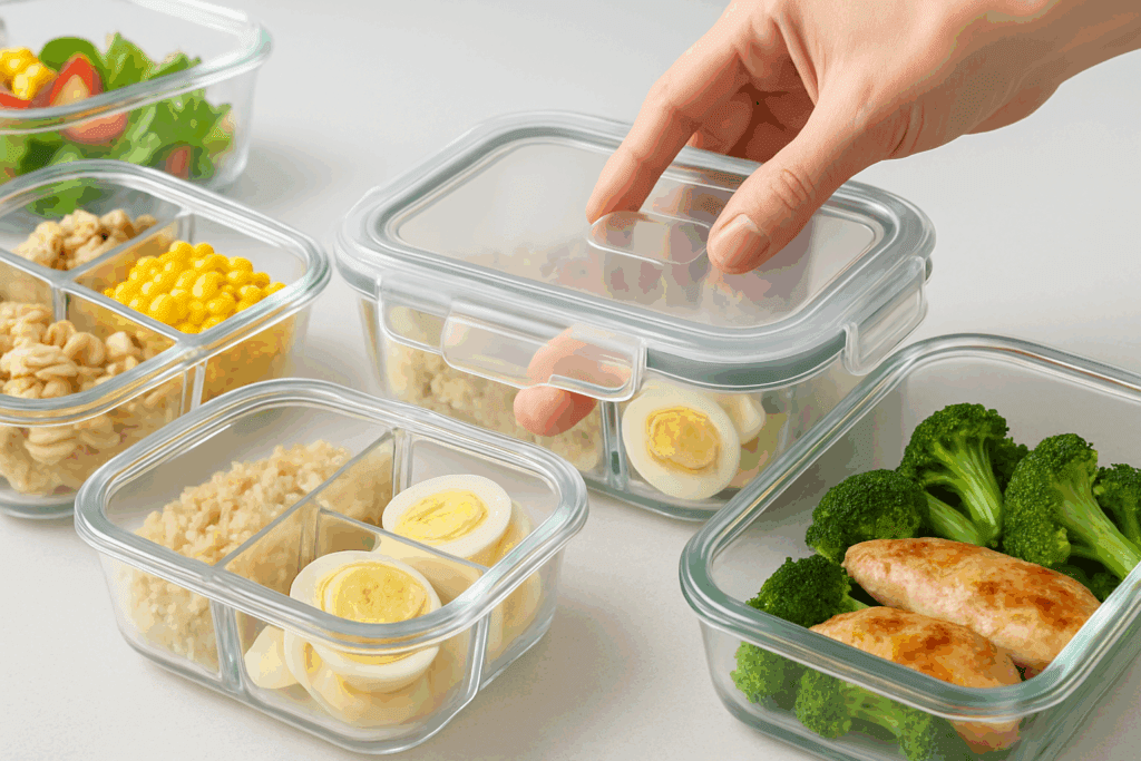 Reusable glass and plastic varieties of the best meal prep containers filled with keto-friendly foods like eggs, avocado, and grilled chicken.