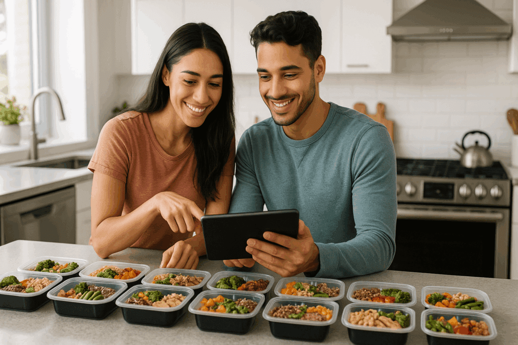 Laptop workspace with a balanced lunch from healthy meal prep delivery in NYC on the table