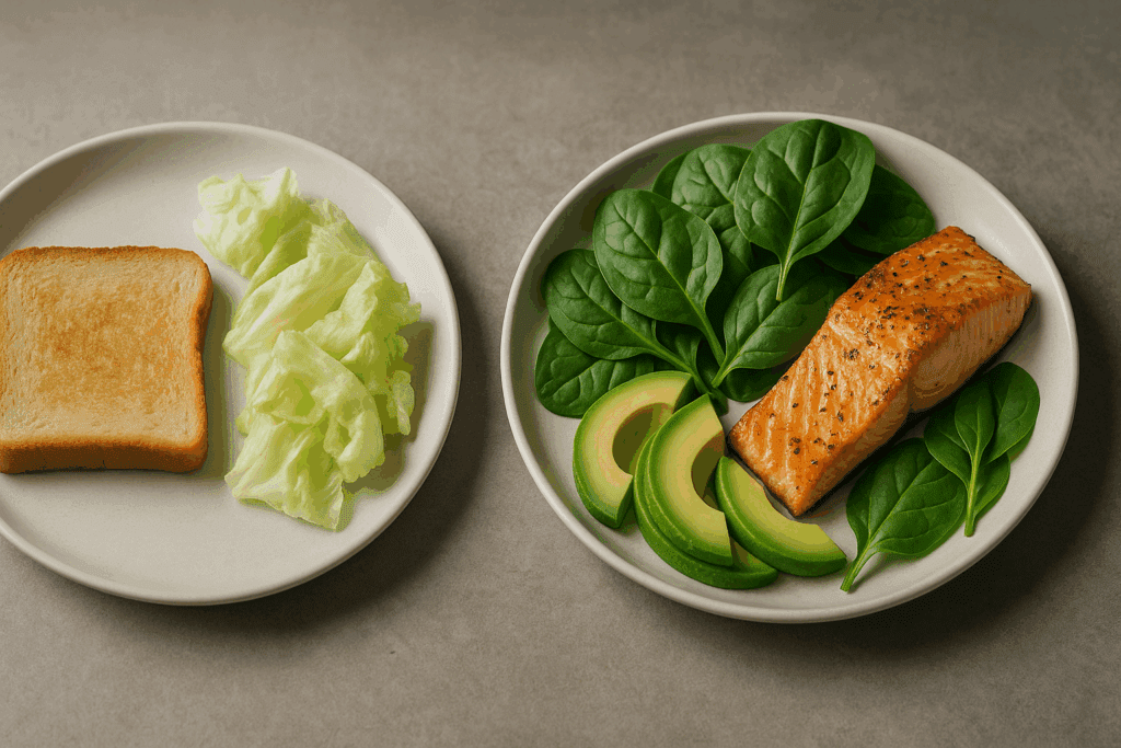 Visual comparison of a nutrient-dense protein bowl versus a traditional diet plate, highlighting low calorie high protein meals for weight loss.