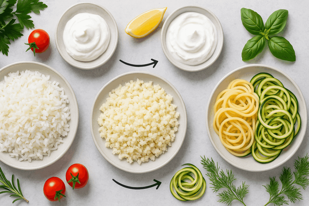 Easy low calorie meal prep ingredients laid out for batching, including quinoa, bell peppers, and grilled chicken