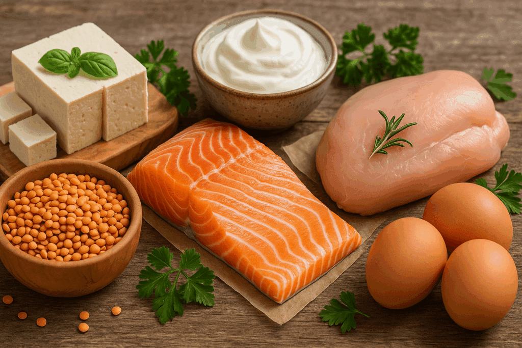 Variety of high-protein foods like lentils, tofu, chicken breast, and Greek yogurt shown as core components of eating for a lean body.