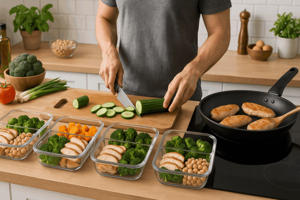 Healthy high protein meal prep in a refrigerator with organized, labeled containers of chicken, rice, and greens