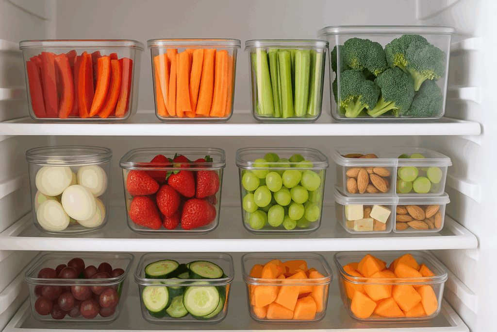 Whole food snacks on the go arranged in a fridge, including pre-cut vegetables, yogurt cups, and chia pudding jars.